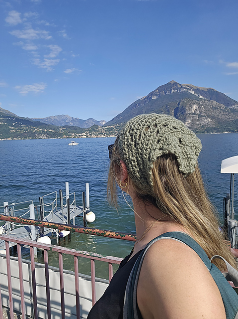 Diamond lace bandana worn beside a lake