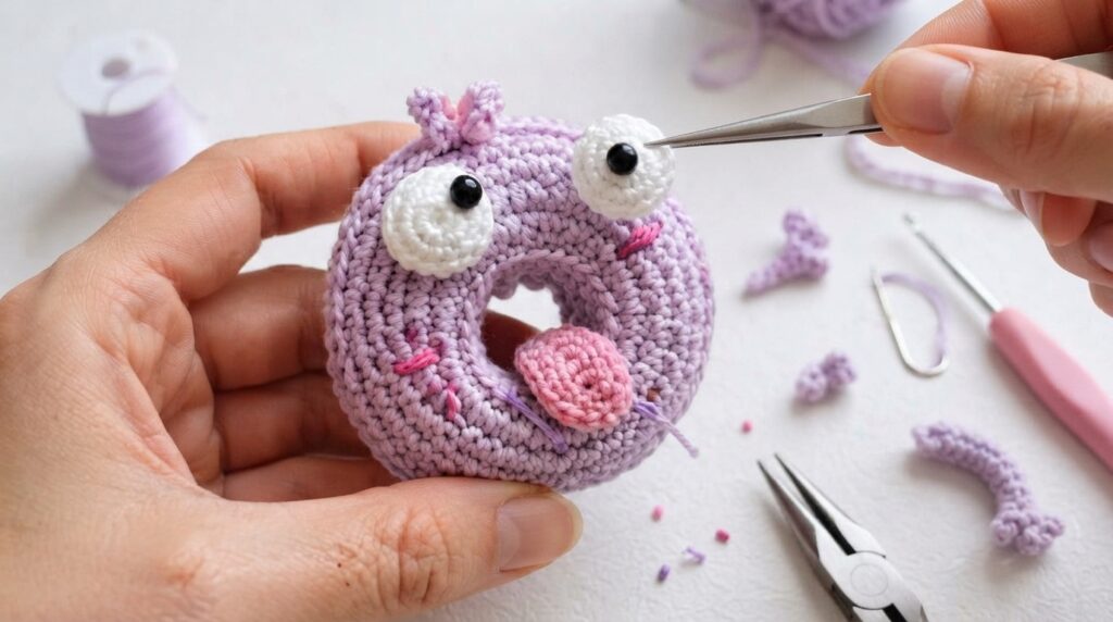 Assembling the crochet monster donut face and details