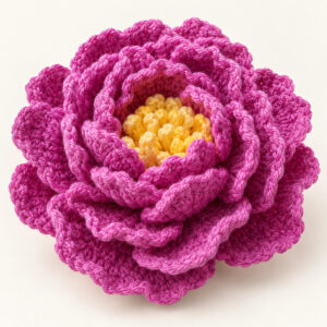 Magenta pink crochet peony flower with a yellow center on a soft ivory background