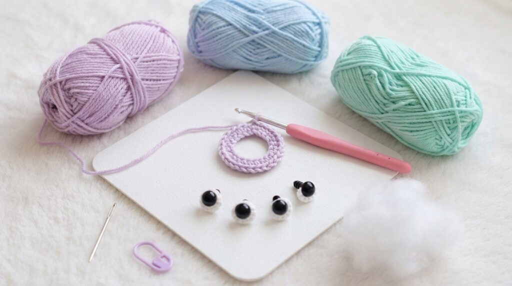 Crochet donut amigurumi materials including yarn, hook, stuffing and safety eyes