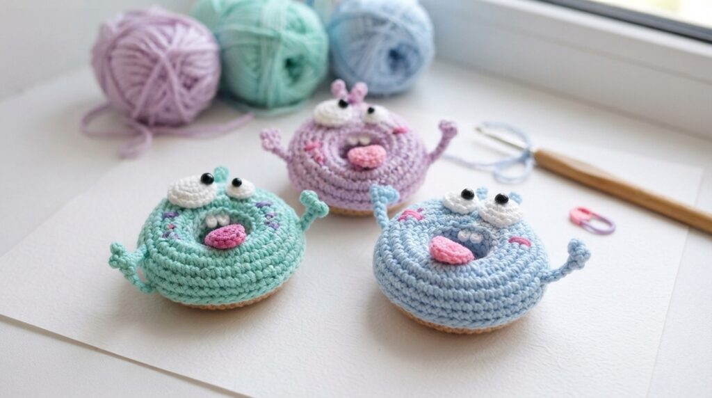 Colorful finished crochet monster donut amigurumi variations