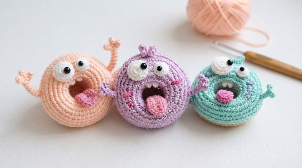 Finished crochet monster donut amigurumi in pastel colors