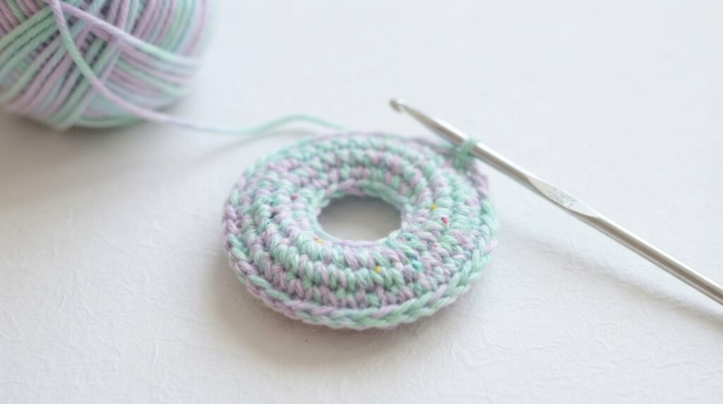 Crocheting the donut amigurumi base in progress