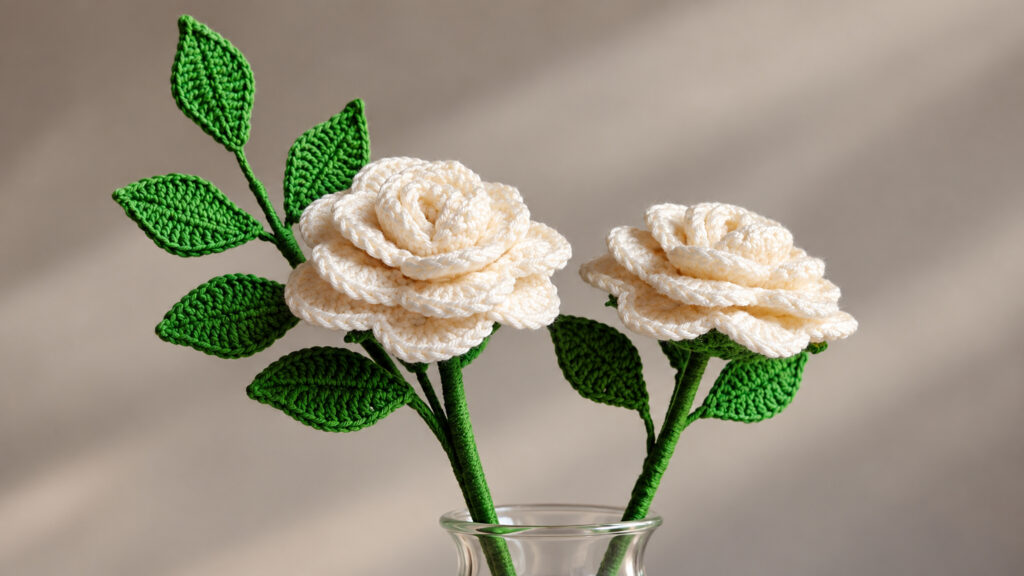 Two ivory handmade crochet roses with green crocheted leaves