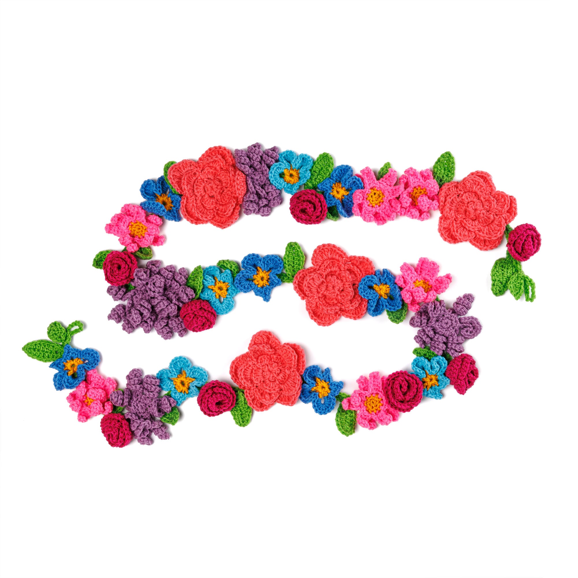 Colorful crochet flower garland arranged in three rows