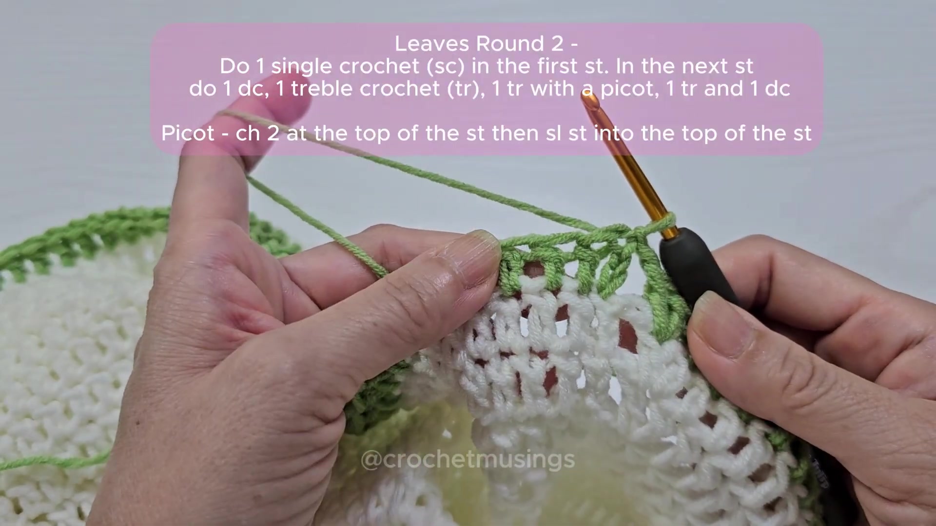 Crochet green leafy edging with pointed leaf cluster and picot