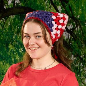 Red white and navy granny crochet bandana worn as a head scarf