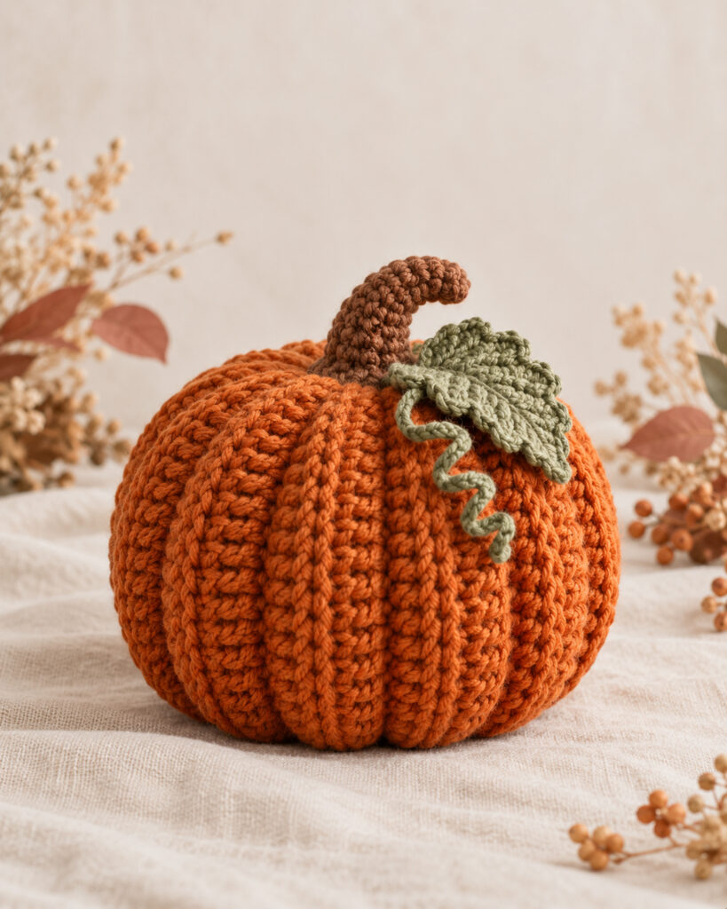 Finished orange ribbed crochet pumpkin with brown stem, sage leaf and curly vine