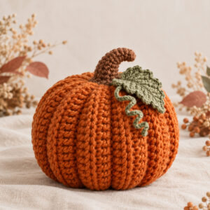 Finished orange ribbed crochet pumpkin with brown stem, sage leaf and curly vine