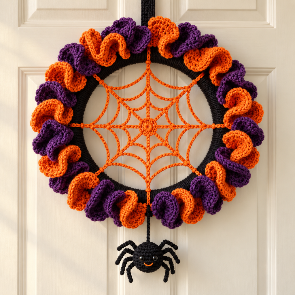 Orange spiderweb Halloween crochet wreath with black yarn base, purple and orange ruffles, and a dangling black spider