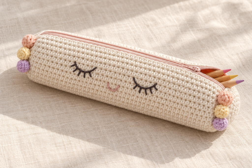 Cream crochet pencil pouch with pink zipper, sleepy face, and pastel bobble decorations