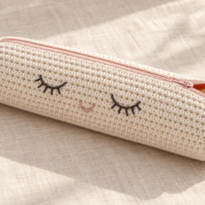 Cream crochet pencil pouch with pink zipper, sleepy face, and pastel bobble decorations
