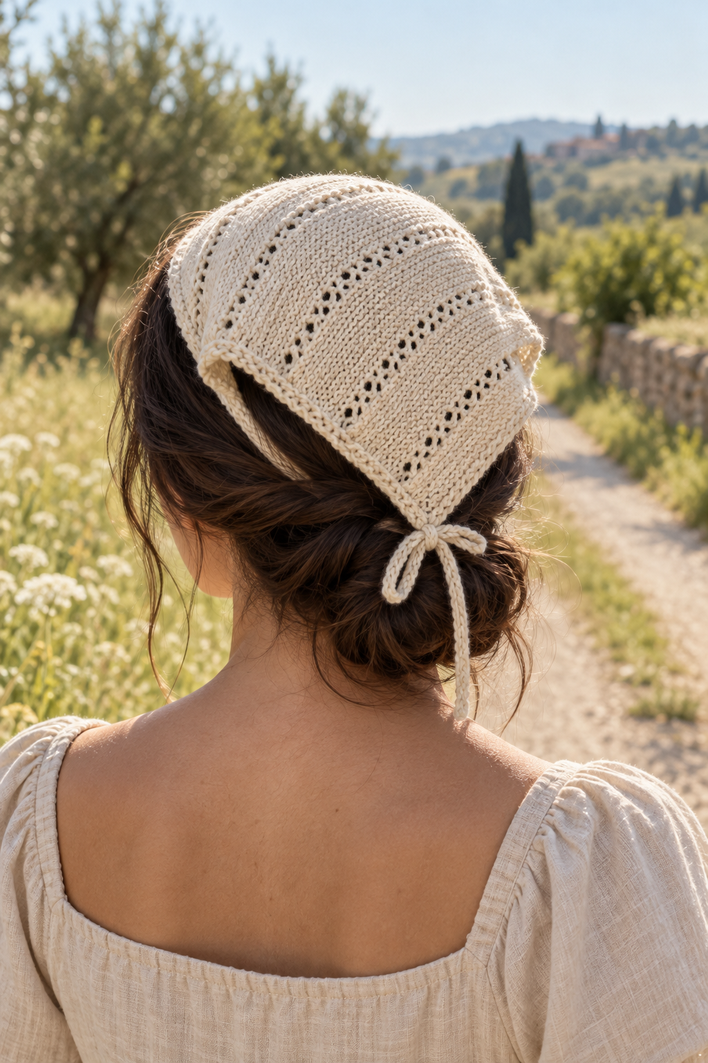 Cream eyelet knit bandana worn as a head scarf outdoors