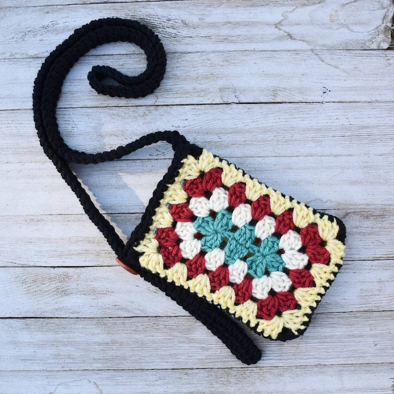 Button-Adjustable Granny Phone Bag crochet pattern listing photo by TorreyaTreasures