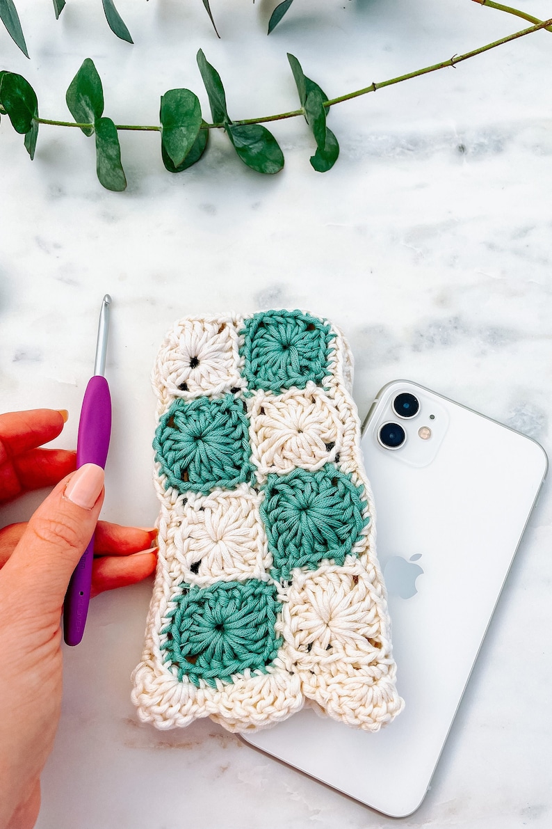 Colorful Granny Square Phone Pouch crochet pattern listing photo by CityBrightKnits