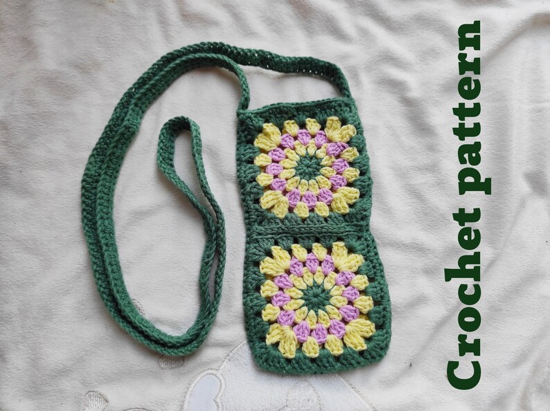 Granny Square Cell Phone Crossbody crochet pattern listing photo by HappyBabyUAShop