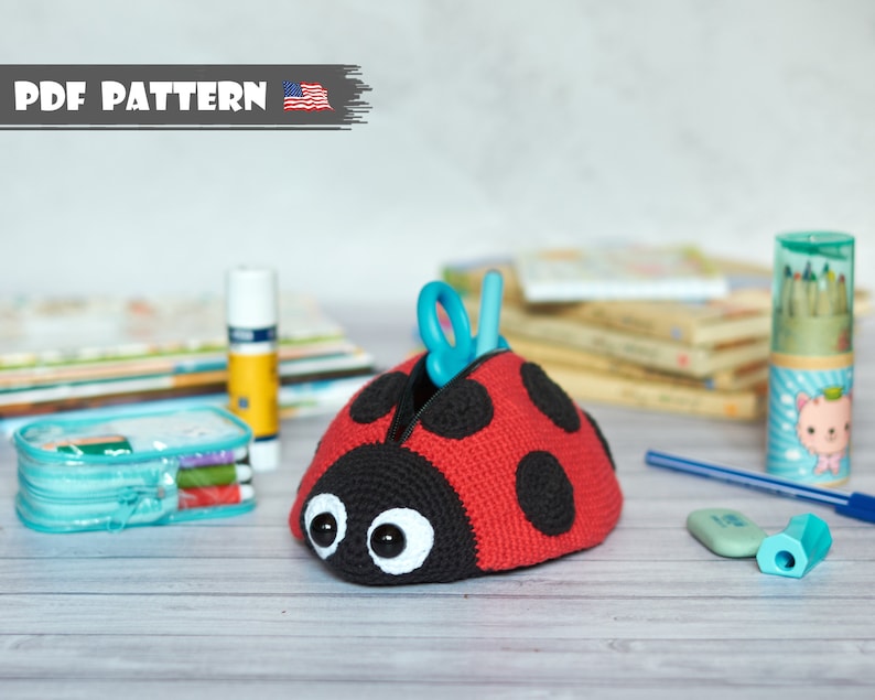 Ladybug Zipper Pencil Case crochet pattern listing photo by aNZeesCraft