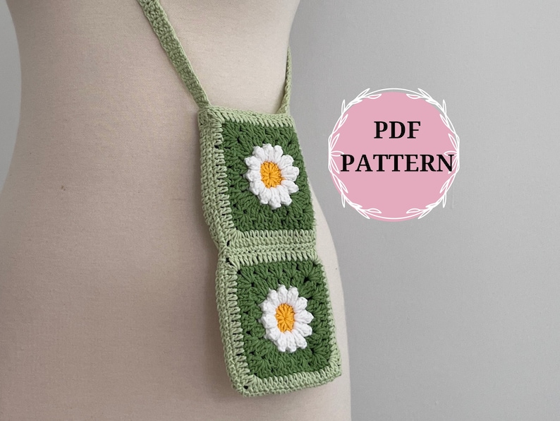 3D Daisy Granny Square Phone Bag crochet pattern listing photo by MotifPatterns