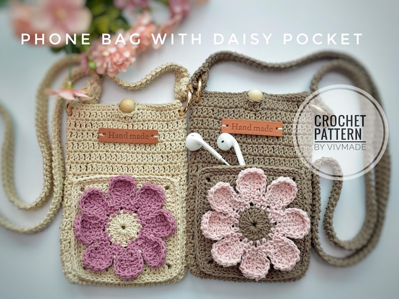 Daisy Granny Square Pocket Bag crochet pattern listing photo by VivmadeCrochet