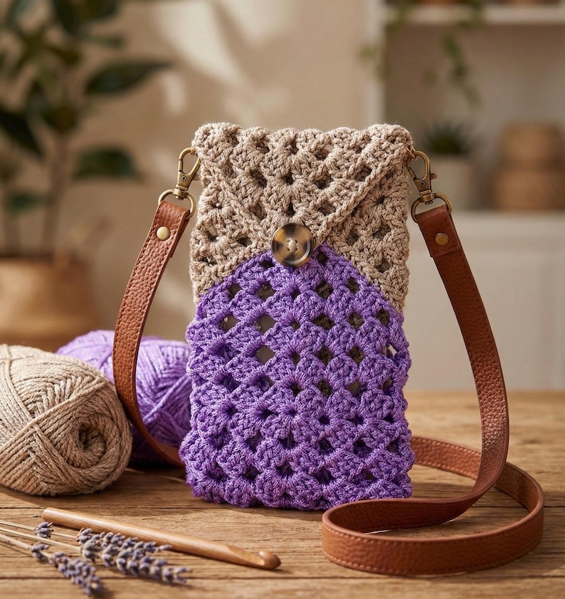 Purple and Cream Granny Square Case crochet pattern listing photo by BebusDesign