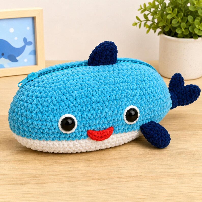 Whale Zipper Pencil Case crochet pattern listing photo by MinHannahArtsCratfs