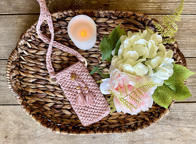 Pink crochet Anything Sling with a small contrasting pocket by Dana Hogan