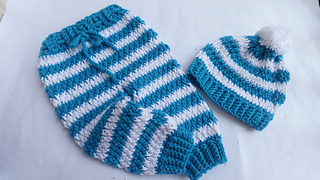Blue and white striped crochet baby pants with matching hat by AamraGul