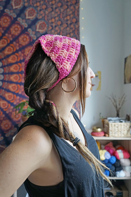 Pink and yellow checkered crochet bandana by Marina Russo