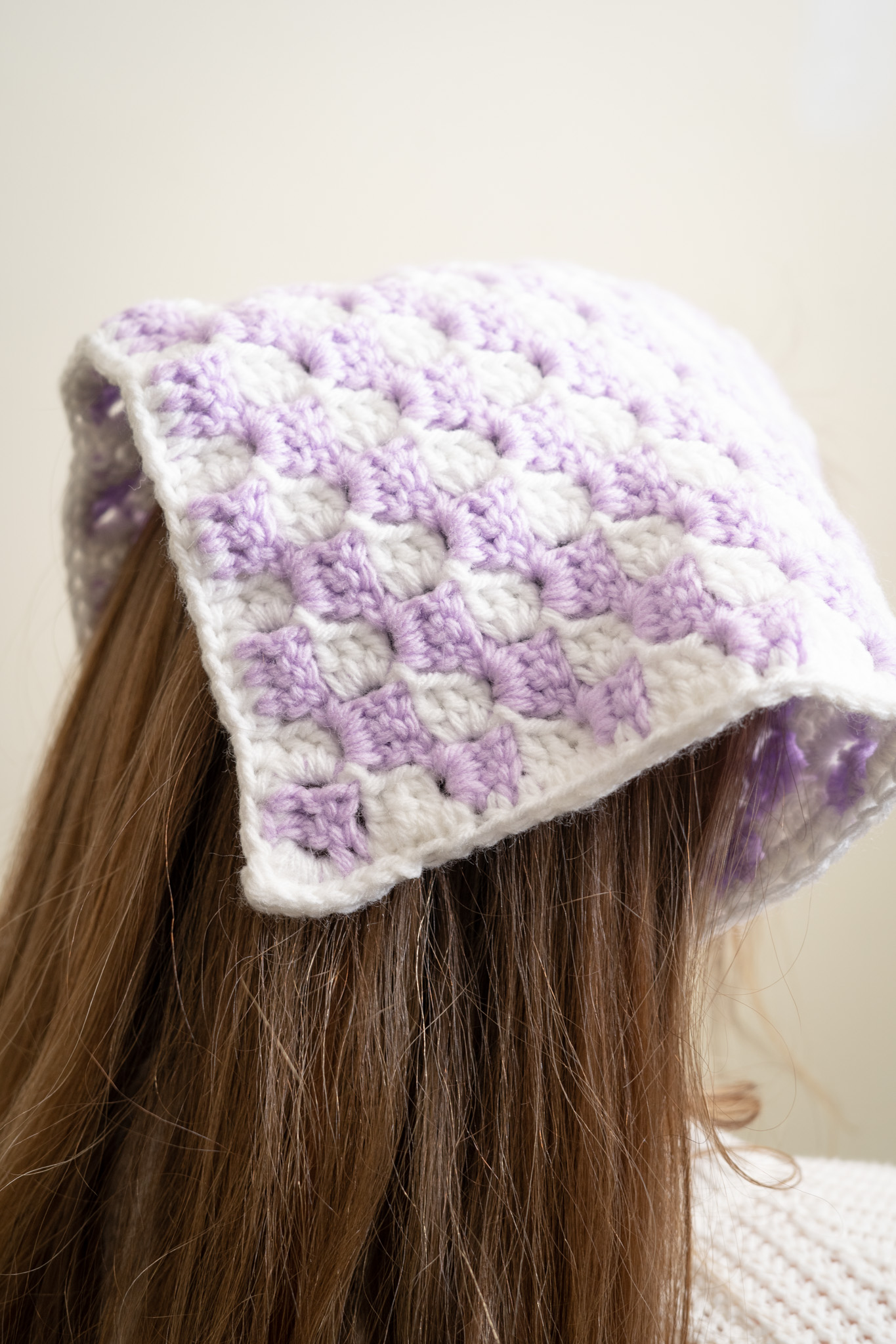 Lavender and cream checkered triangle crochet hair scarf by Just Be Crafty
