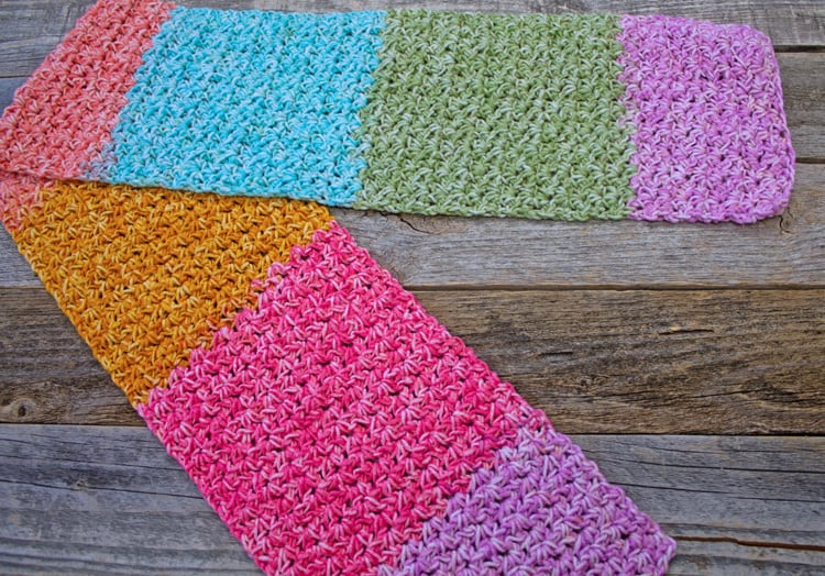Colorful V-stitch crochet child scarf by A More Crafty Life