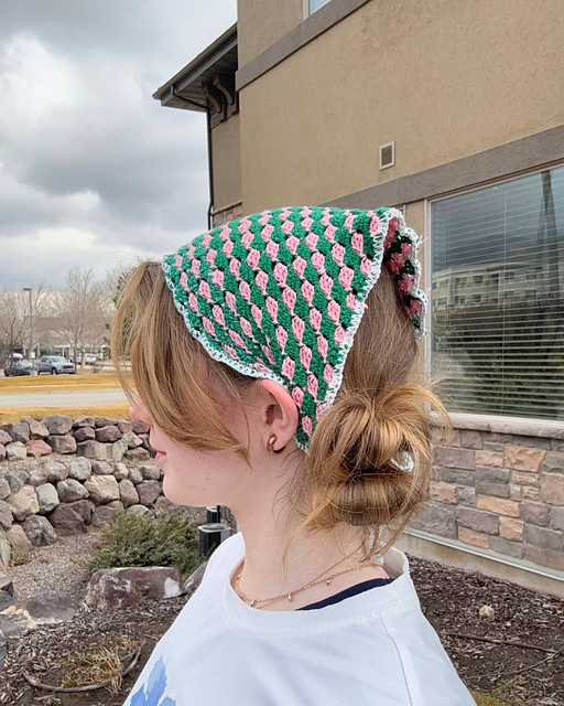 Green and pink checkered crochet bandana worn outdoors by Okey Dokeys