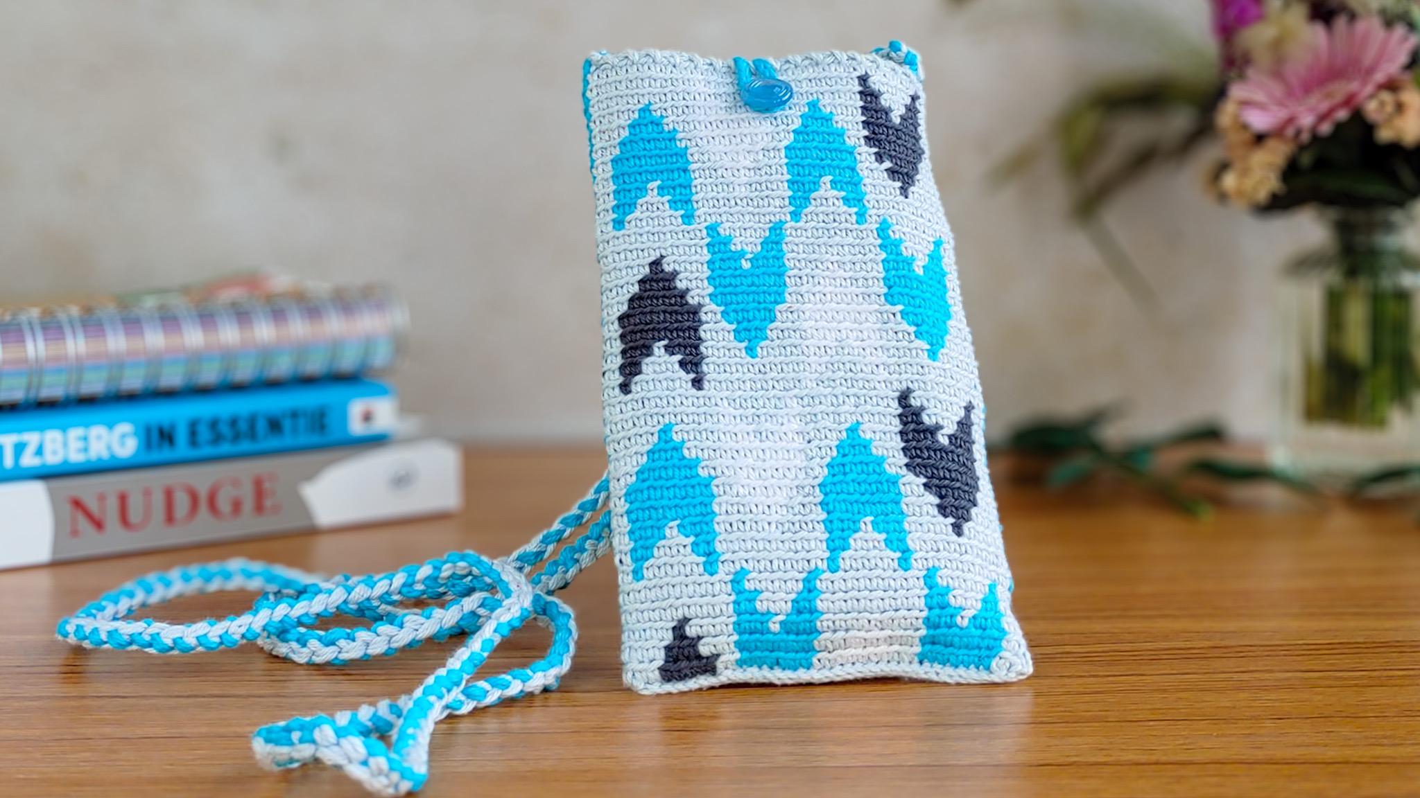 Blue and cream Espiga chevron tapestry crochet phone bag with matching strap by BoldlyHooked