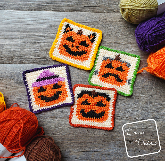 Square crochet jack-o’-lantern coasters by Divine Debris