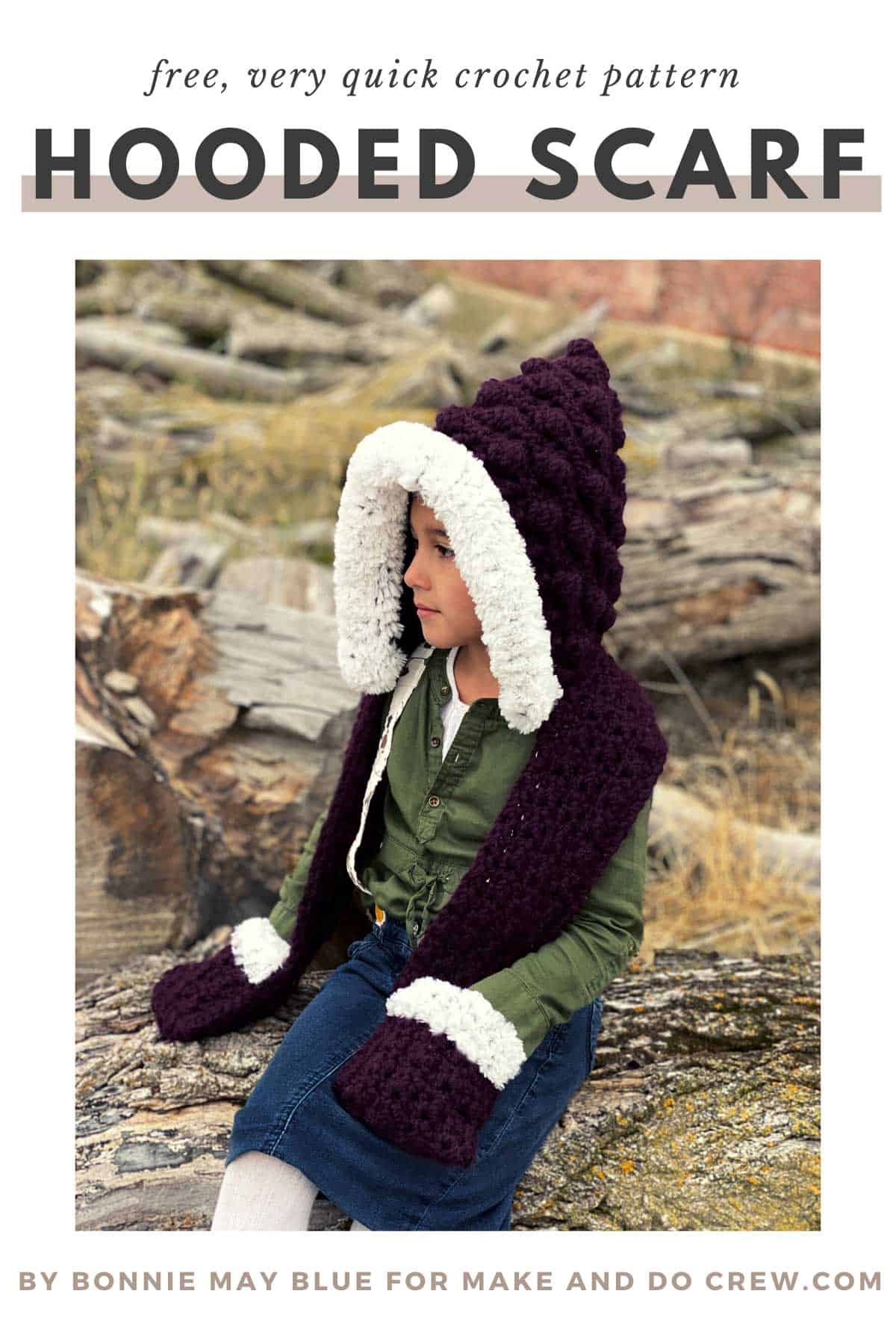 Child wearing the Prim crochet hooded pocket scarf by Bonnie May Blue