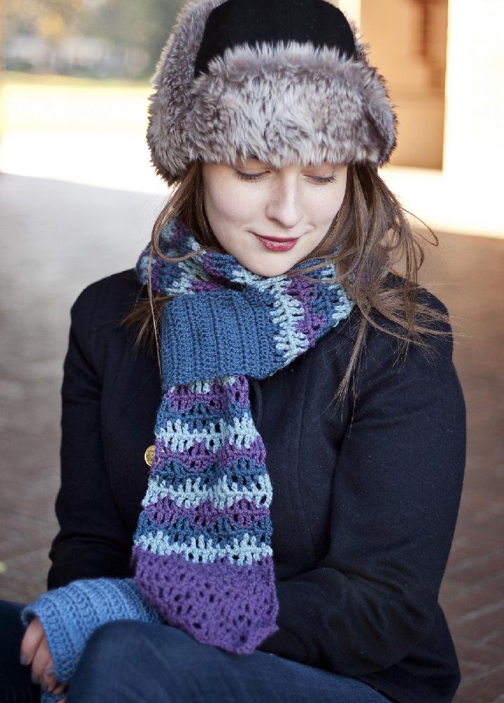 Crochet Radio Waves scarf with blue and purple lace stripes