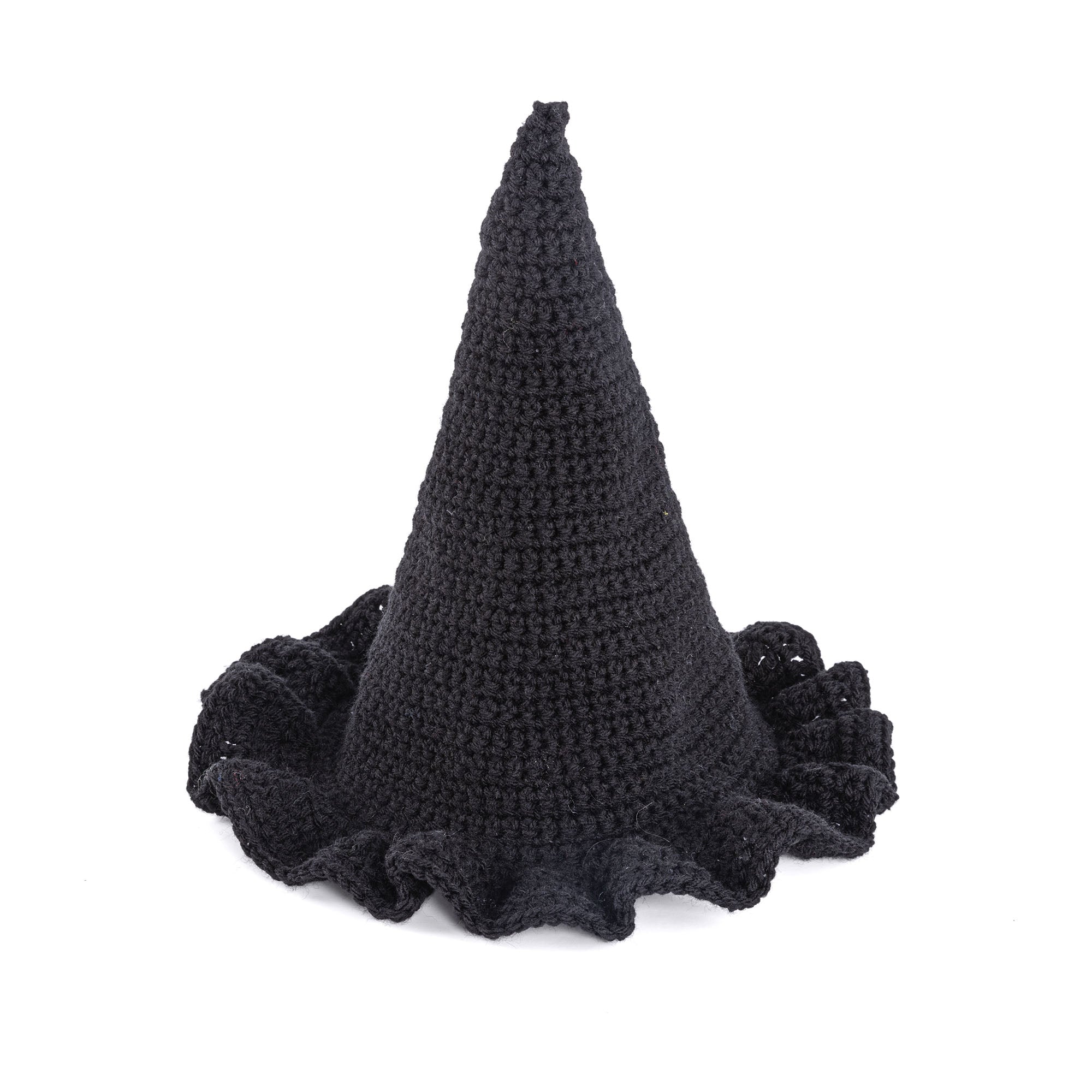 Black crochet witch hat with a pointed crown and rippled brim