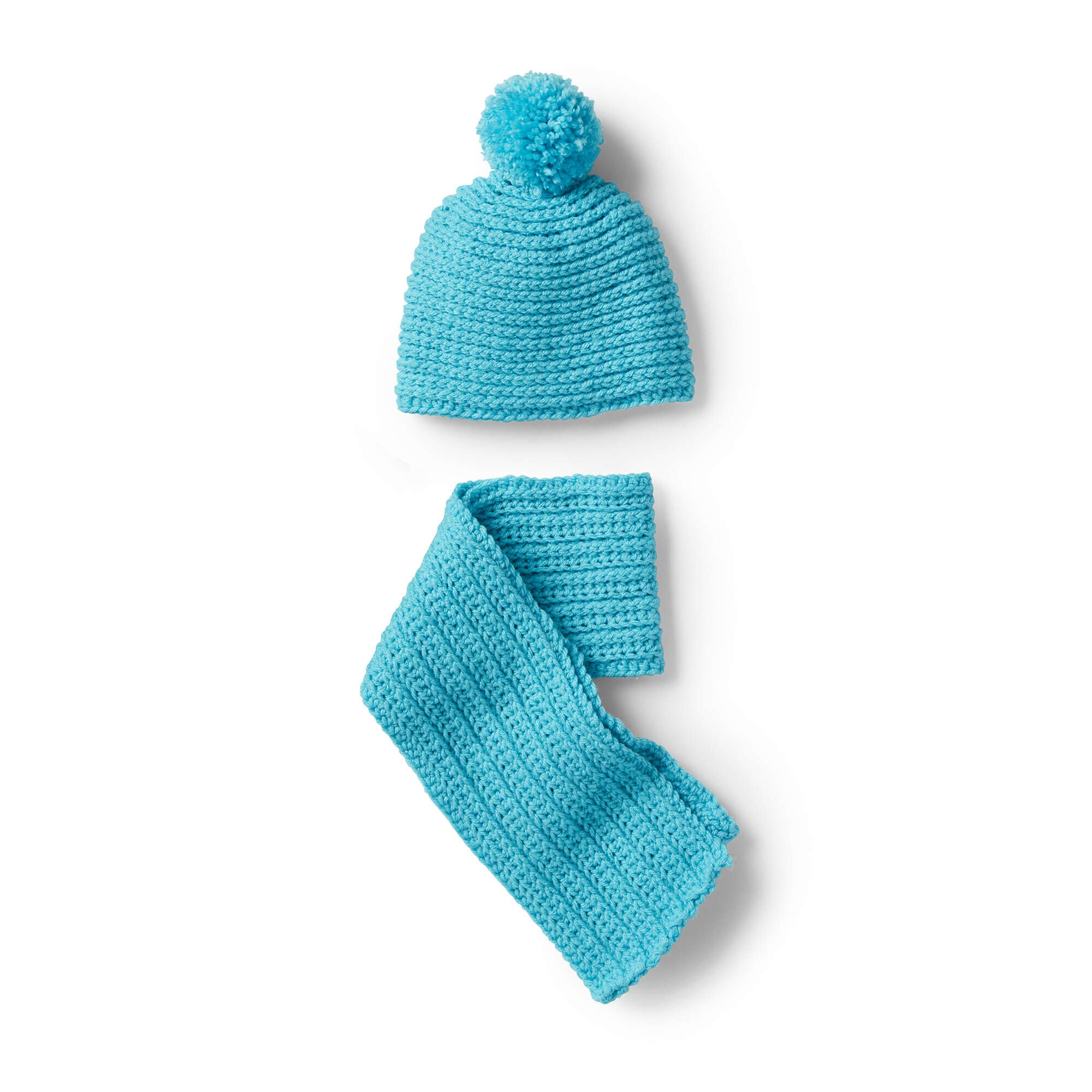 Turquoise ribbed crochet child scarf with matching spiral hat by Red Heart