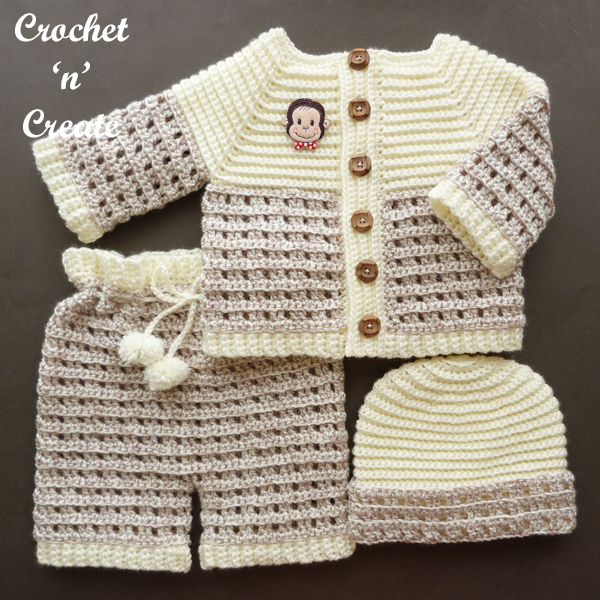 Cream and neutral crochet baby pants with matching cardigan and hat by Crochet n Create