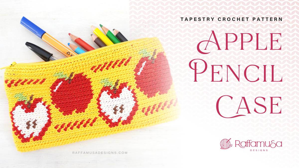 Yellow tapestry crochet pencil case decorated with red apples