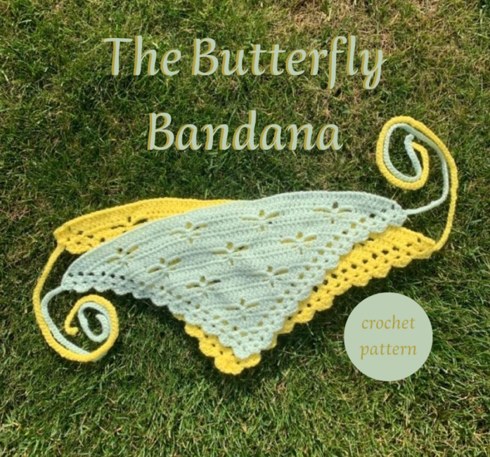 Yellow and pale green crochet butterfly motif bandana by ConsciousCrochetCreation