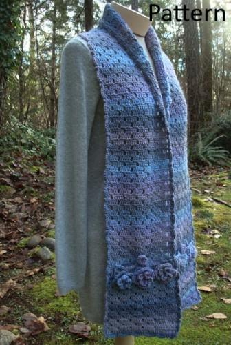 Blue Twilight Flowers crochet pocket scarf with floral trims by Nancy Brown