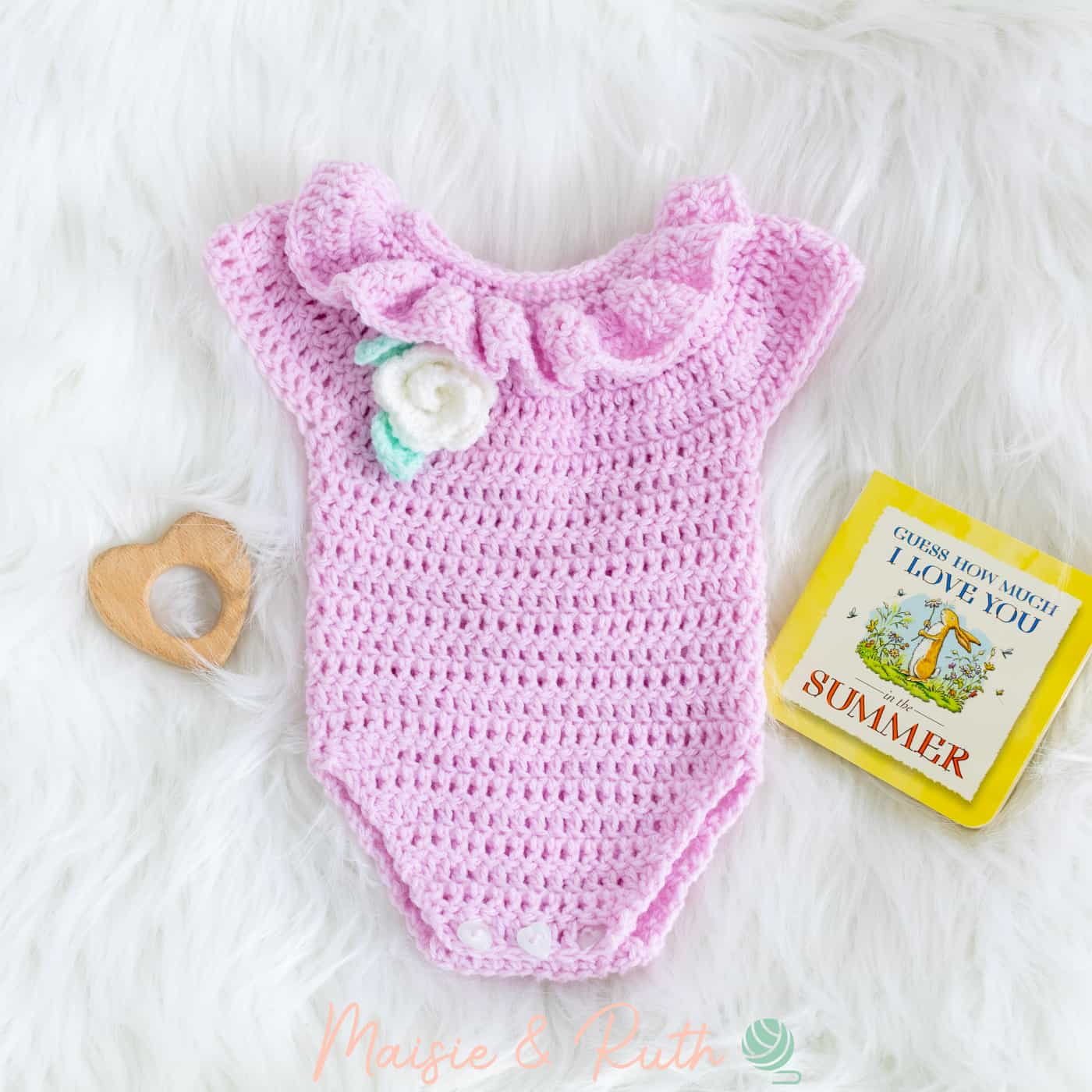 Freya Frilly Romper crochet design by Maisie and Ruth