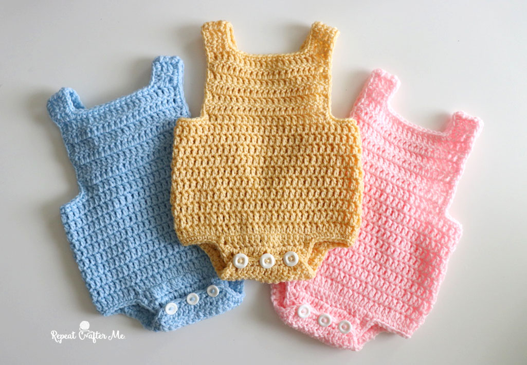 Classic Button-Strap Baby Romper crochet design by Repeat Crafter Me