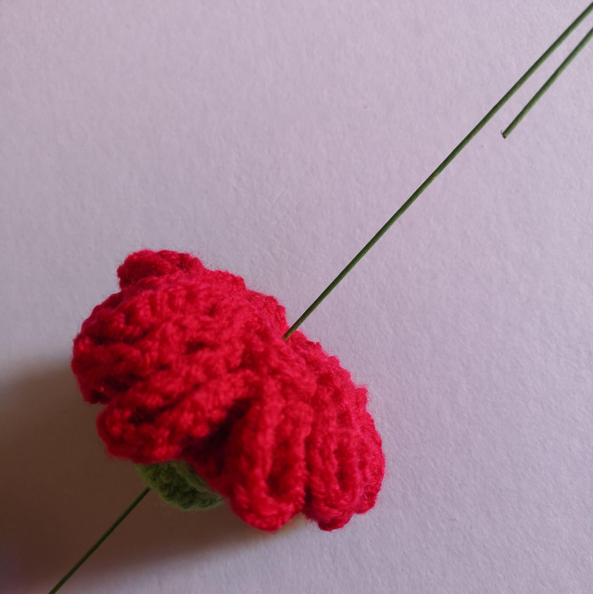 Floral wire extending from the base of a crocheted red carnation