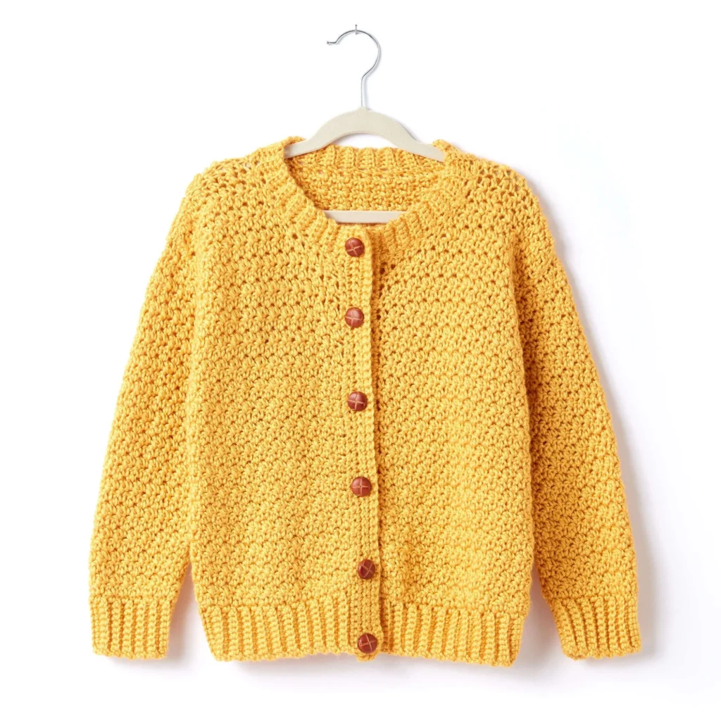 Crew neck crochet cardigan pattern for adults, featuring stylish design and easy instructions.
