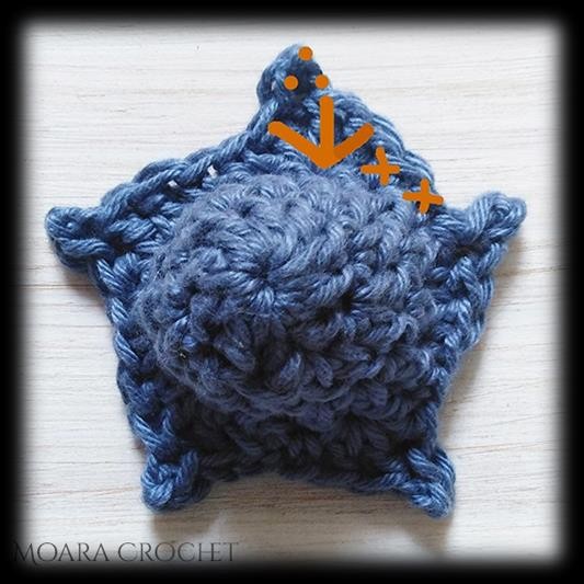Blue crochet bell with five shaped petal tips