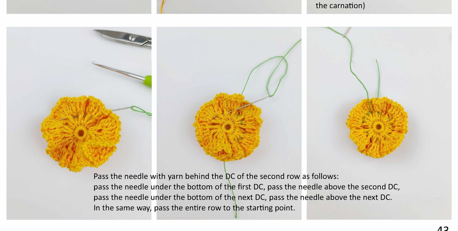 Gathering-thread path through the second round of a crochet carnation