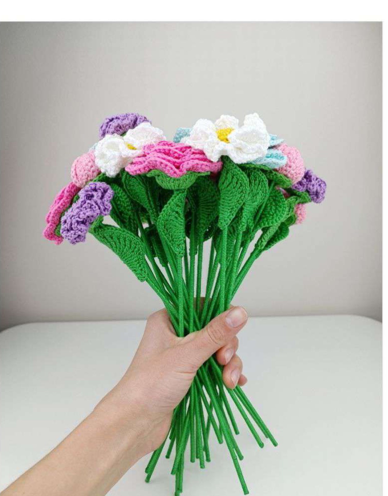Mixed crochet flower bouquet with roses, daisies, blue flowers and pink buds