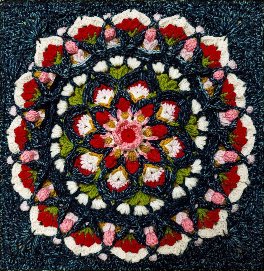 Cherry Blossom crochet square with layered flowers and a dark blue border