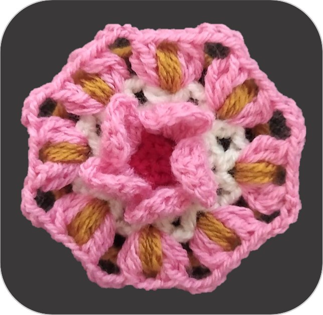 Front view of the layered petal stitches